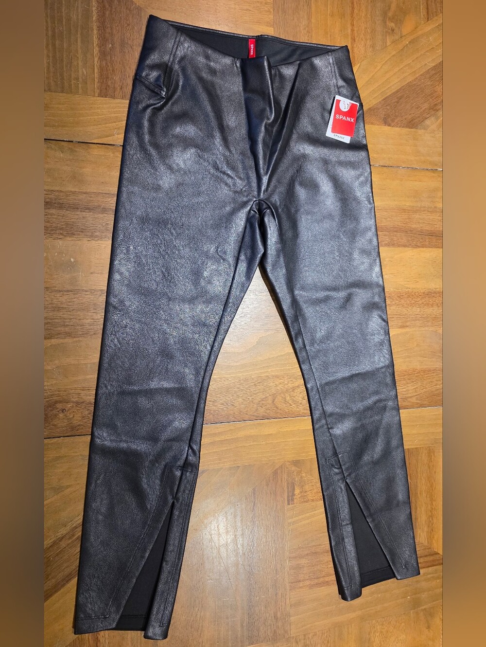 Spanx Faux Leather Front Slit Sz Large Petite Black Pull On Leggings Pants NWT